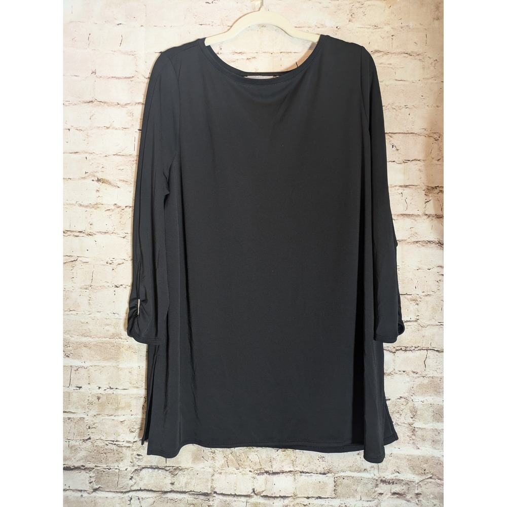 Susan Graver Premier Top XL Black Liquid Knit Ruched Slit Sleeve Blouse Tunic